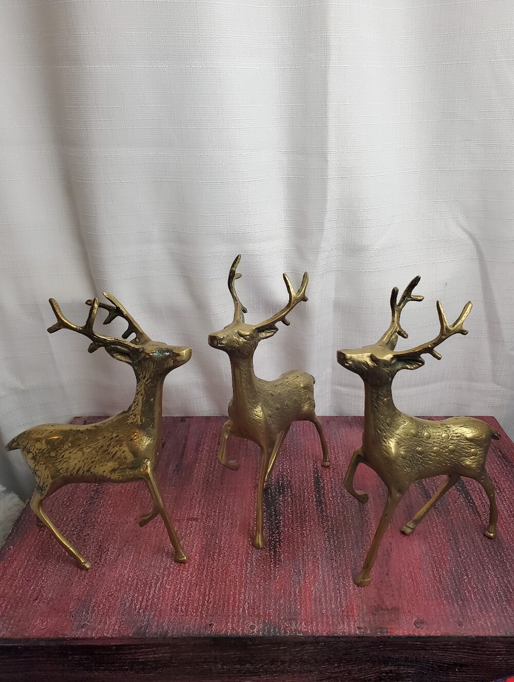 Set Of 3 RARE Vintage MCM Brass Dapple Textured Deer 8 Point Buck Figurines